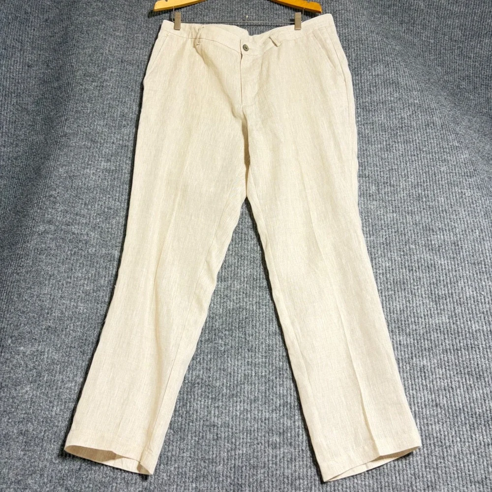 Tasso Elba Mens 100% Linen Pants 36W 32L Beige Straight Leg Coastal Vacation